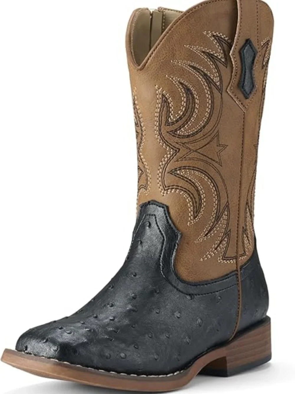 Girls Brown Black Embroidered Square Toe  Knee High Pointed Chunky Shoes Boots